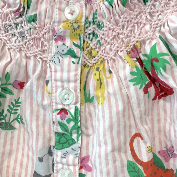 Baby Boden Dress 3-6 M Pink White Striped Jungle Animals Smocked Whimsy Lined - Picture 5 of 6